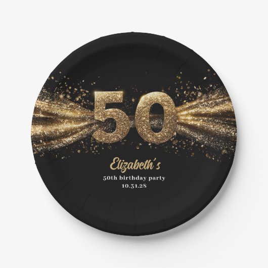 第50回バースデーモダンタパーティー黒と金ゴールド ペーパープレート (正面)