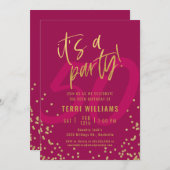 第50回ピンクと金ゴールド誕生日パーティーへの招待 招待状 (正面/裏面)