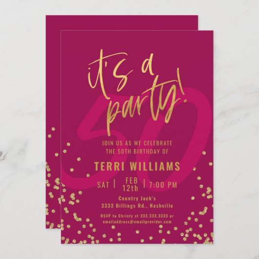 第50回ピンクと金ゴールド誕生日パーティーへの招待 招待状 (正面/裏面)