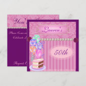 第50回ピンクの誕生日人気ダマスク招待状 招待状 (正面/裏面)