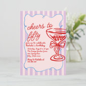 第50回ピンクカラフルシャンパン50枚フォト誕生日 招待状 (スタンド正面)