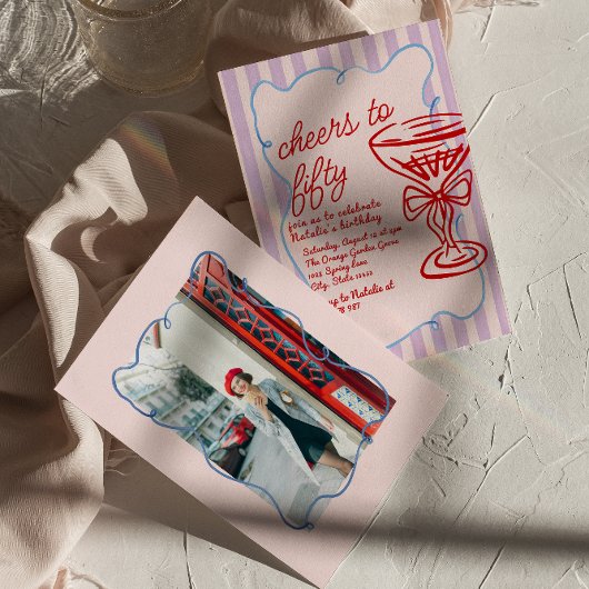 第50回ピンクカラフルシャンパン50枚フォト誕生日 招待状