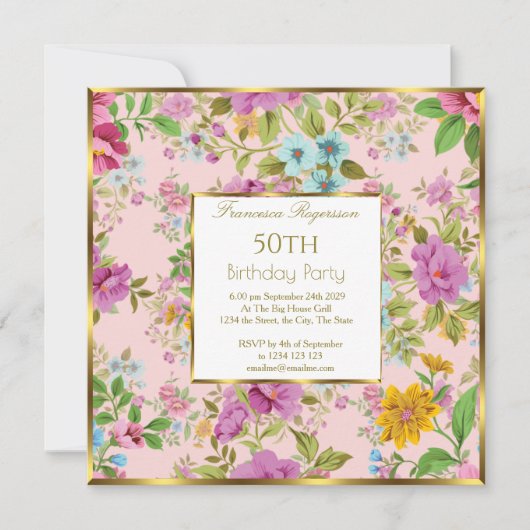 第50回ピンクカラフルフローラガーデンバースデーパーティー 招待状 (正面)