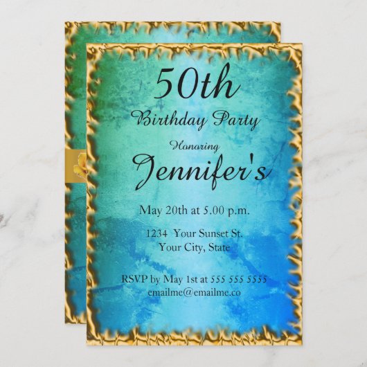 第50回ブルーティール(緑がかった色)誕生日パーティーへの招待 招待状 (正面/裏面)