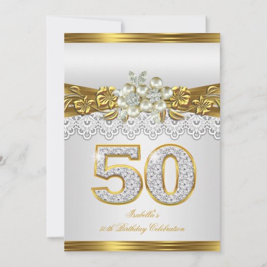 第50回ホワイトパール金ゴールドレースフローラ誕生日パーティー 招待状 (正面)