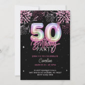 第50回モダンピンクフォイルバルーン花火誕生日 招待状 (正面)