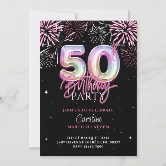 第50回モダンピンクフォイルバルーン花火誕生日 招待状 (正面)