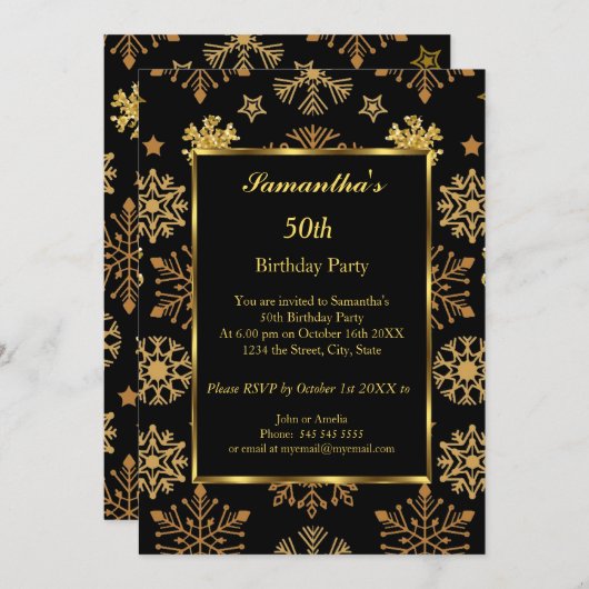 第50回冬の誕生日パーティー金ゴールドブラック招待状 招待状 (正面/裏面)