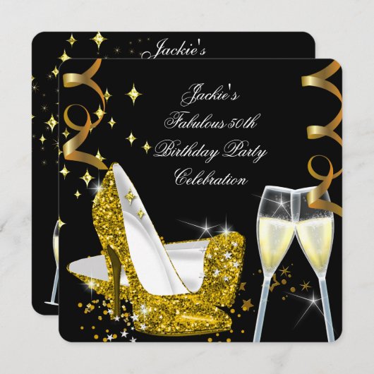 第50回素晴らしい金ゴールドグリッターハイヒール誕生日2 招待状 (正面/裏面)