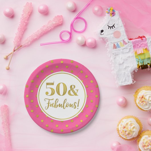 第50回誕生パーティーピンク白色金ゴールド点 ペーパープレート (パーティー)