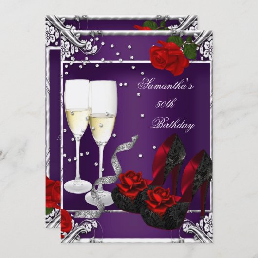 第50回誕生会パープルレッドローズシルバー 招待状 (正面/裏面)