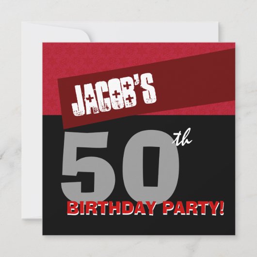 第50回誕生日パーティモダンーレッド白黒G400 招待状 (正面)