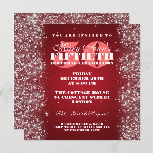 第50回誕生日パーティーきらめくグリッターレッド 招待状 (正面/裏面)