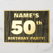 第50回誕生日パーティーはっきりした:木目フェイク模様 箔招待状 (正面)