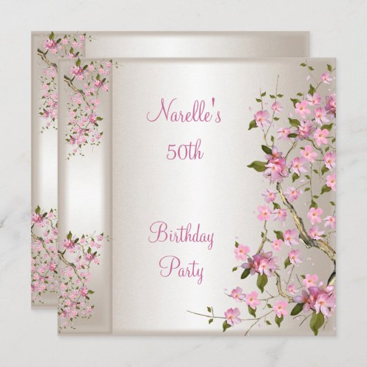 第50回誕生日パーティークリームシルクピンクの花 招待状 (正面/裏面)