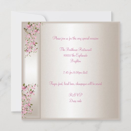 第50回誕生日パーティークリームシルクピンクの花 招待状 (裏面)