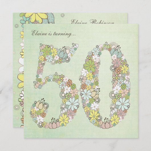 第50回誕生日パーティーグリーン開花カスタム招待状 招待状 (正面/裏面)