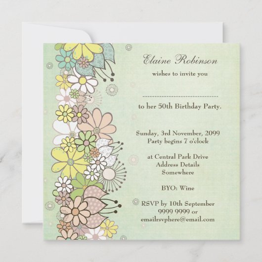 第50回誕生日パーティーグリーン開花カスタム招待状 招待状 (裏面)