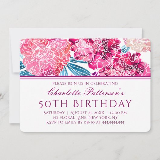 第50回誕生日パーティーピンクスタイリッシュフローラルパターン 招待状 (正面)