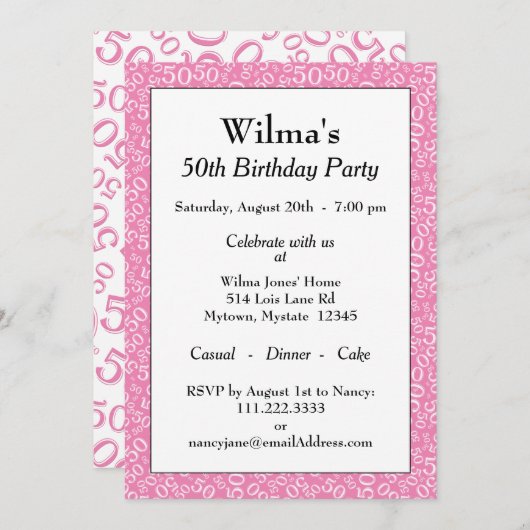 第50回誕生日パーティーピンク/白の数字パターン 招待状 (正面/裏面)