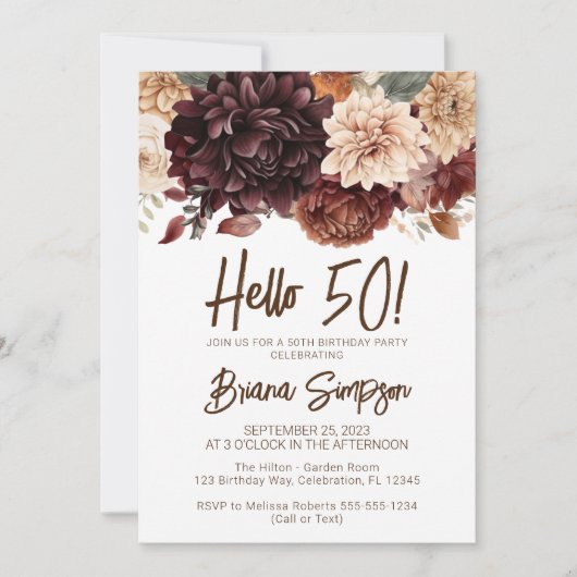 第50回誕生日パーティーブラウンベージュフラワーズフローラ 招待状 (正面)