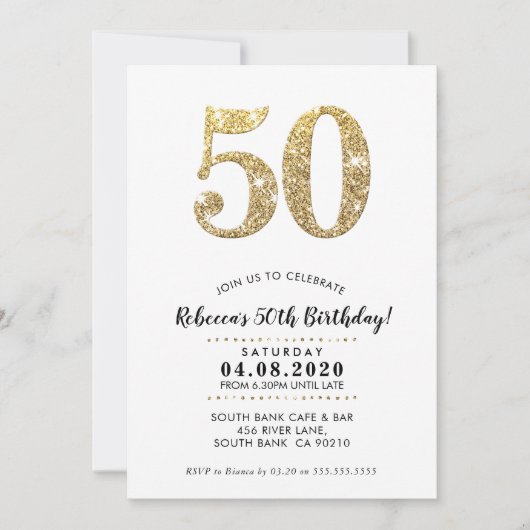 第50回誕生日パーティー招待状モダン金ゴールドグリッター 招待状 (正面)