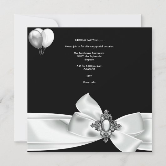第50回誕生日パーティー白黒シルバー・バルーン 招待状 (裏面)