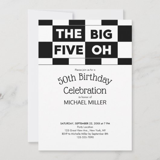 第50回誕生日パーティー白黒パタ市松模様にーン 招待状 (正面)