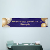 第50回誕生日会ネイビーブルーと金ゴールド風船 横断幕 (トレードショー)