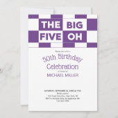 第50回誕生日会パープルホワイト市松模様にパターン 招待状 (正面)