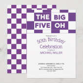 第50回誕生日会パープルホワイト市松模様にパターン 招待状 (正面/裏面)