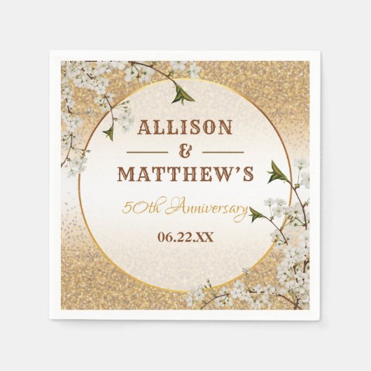 第50回金ゴールドグリッターフレーム結婚フローラ記念日 スタンダードカクテルナプキン (正面)