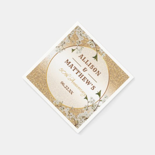第50回金ゴールドグリッターフレーム結婚フローラ記念日 スタンダードカクテルナプキン (角)