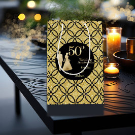 第50回金ゴールド結婚カップルグリッター ミディアムペーパーバッグ