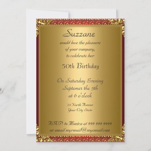 第50回金ゴールド赤い誕生日パーティー 招待状 (裏面)