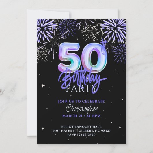 第50回青紫色の花火箔バルーン誕生日 招待状 (正面)
