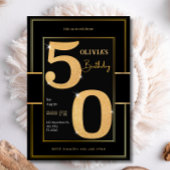 第50回黒モダン金ゴールドタイポグラフィグリッター誕生日 招待状