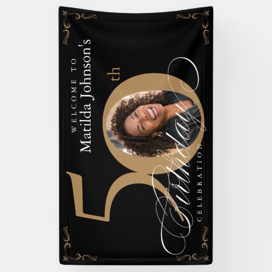 第50回黒金ゴールドエレガント書道写真誕生日 横断幕 (縦)