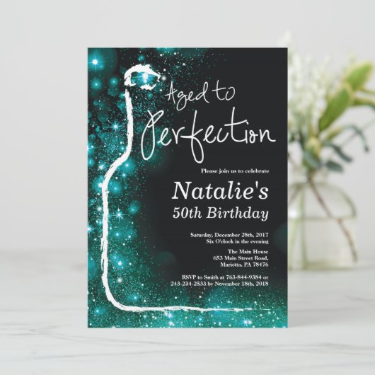 第50完全さのティール（緑がかった色）に老化するワインの誕生日 招待状 (スタンド正面)