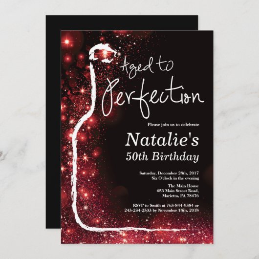 第50完全さの赤いグリッターに老化するワインの誕生日 招待状 (正面/裏面)