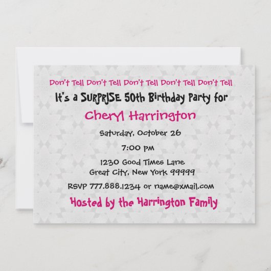 第50彼女のE32のための驚きの誕生会のピンクの黒 招待状 (裏面)