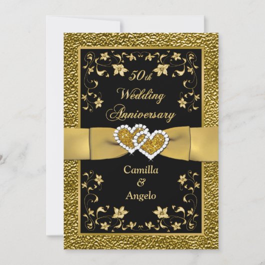 第50招待3を結婚する記念日によって結合されるハート 招待状 (正面)