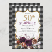 第50期バッファロープレイドパープルフローラグリッター誕生日 招待状 (正面/裏面)