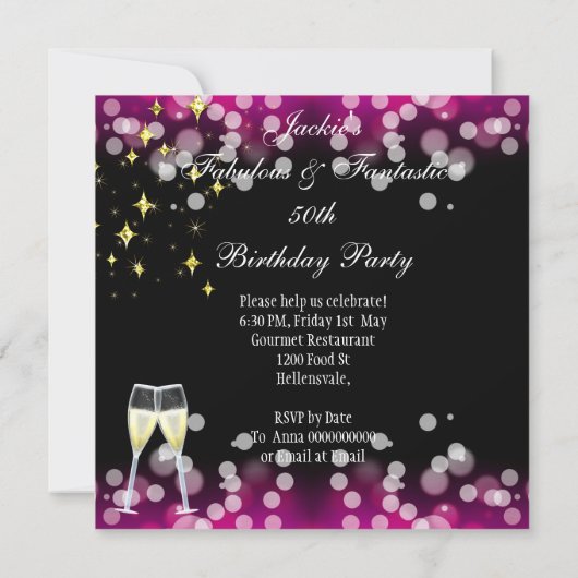 第50期素晴らしいホットピンクグリッターハイヒール誕生日 招待状 (裏面)