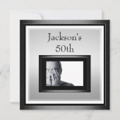 第50男性の誕生日の白い銀製の黒い写真 招待状 (正面)