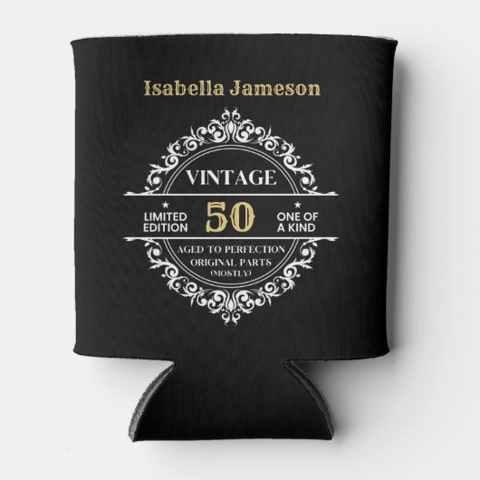 第50白黒金ゴールドおもしろいヴィンテージ誕生日 缶クーラー (正面)