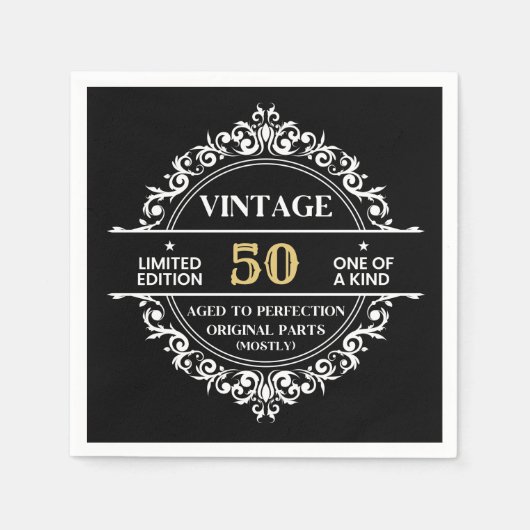 第50白黒金ゴールドヴィンテージ誕生日 スタンダードカクテルナプキン (正面)