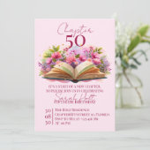 第50章の誕生日 - ピンクの花のオープンブック 招待状 (スタンド正面)