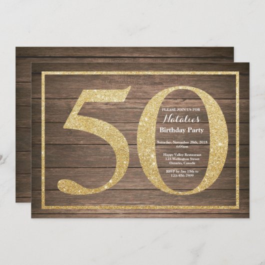 第50素朴誕生日招待状金ゴールドグリッター 招待状 (正面/裏面)