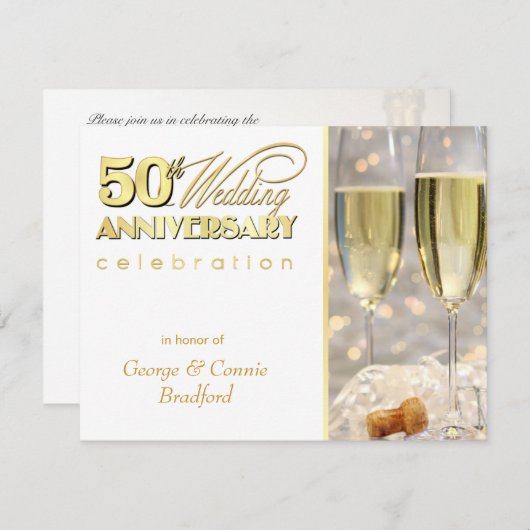 第50記念日のパーティの招待状のシャンペンの金ゴールド 招待状 (正面/裏面)